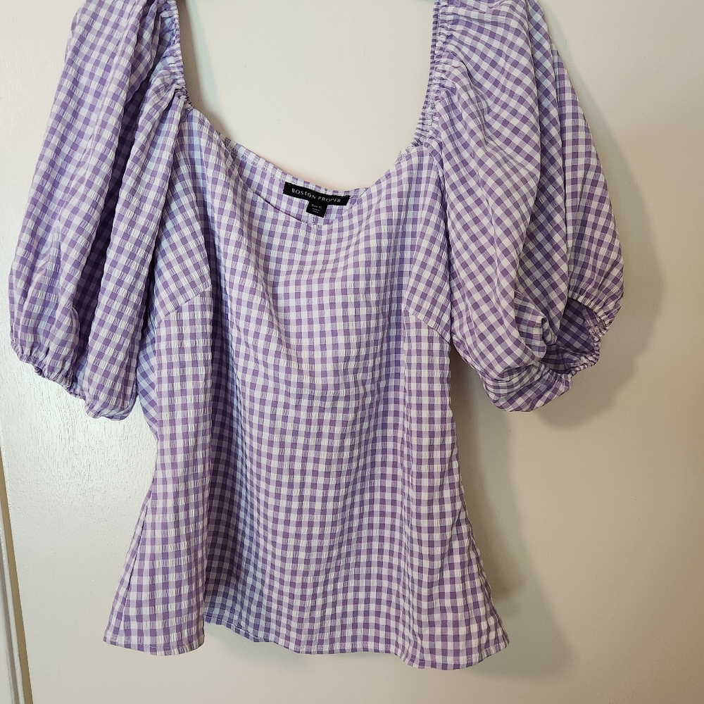 Boston Proper Lavender Gingham Puff-Sleeve Blouse